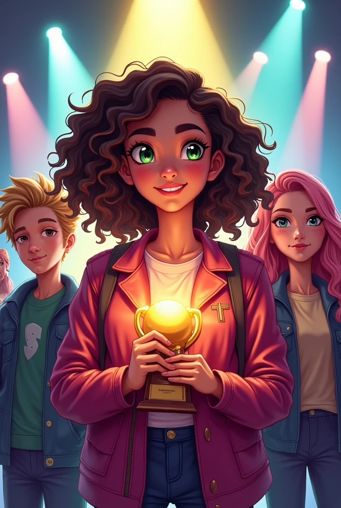 Book cover for: " Briller sans peur" by Sombi Niaina J. Featuring: a beautiful 16 years-old girl with green eyes and curly hair shining under spotlights, holding a prize. beside her is her 13 years-old sister, also very beautiful. A handsome 16 years-old boy with blond hair, a 16 years-old girl with pink hair wearing a leather jacket, and another girl with short hair and cool style. In the background, a popular girl looking jealous. The scene should be colorful, with a celebratory atmosphere, showcasing the central caracter's succes