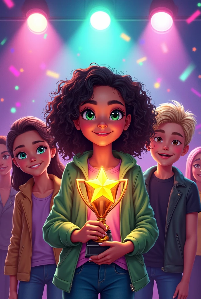Book cover for: " Briller sans peur" by Sombi Niaina J. Featuring: a beautiful 16 years-old girl with green eyes and curly hair shining under spotlights, holding a prize. beside her is her 13 years-old sister, also very beautiful. A handsome 16 years-old boy with blond hair, a 16 years-old girl with pink hair wearing a leather jacket, and another girl with short hair and cool style. In the background, a popular girl looking jealous. The scene should be colorful, with a celebratory atmosphere, showcasing the central caracter's succes