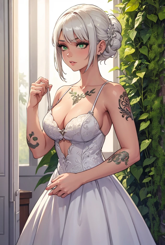 A girl with short white hair with green eyes with tattoos and wearing a wedding dress