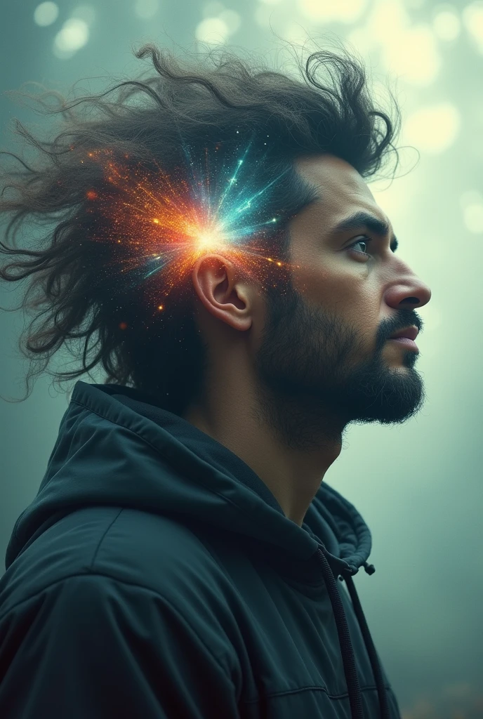 A man with fluffy hair looking at his dreams seeing in the back of his head which would be YouTube with millions of followers Gaiden him there