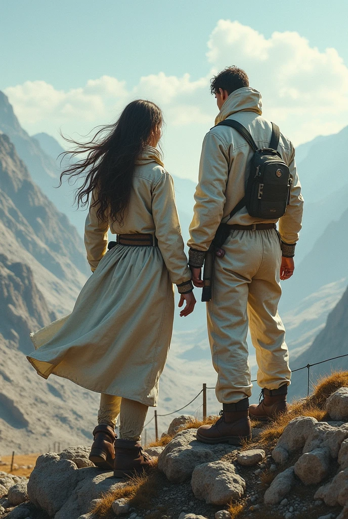 Two scientists, a woman with loose hair and a man in dirty scientific clothes, standing on top of a mountain overlooking a scientific base in a somewhat deserted place with many wire fences.. With clothing that covers your entire body