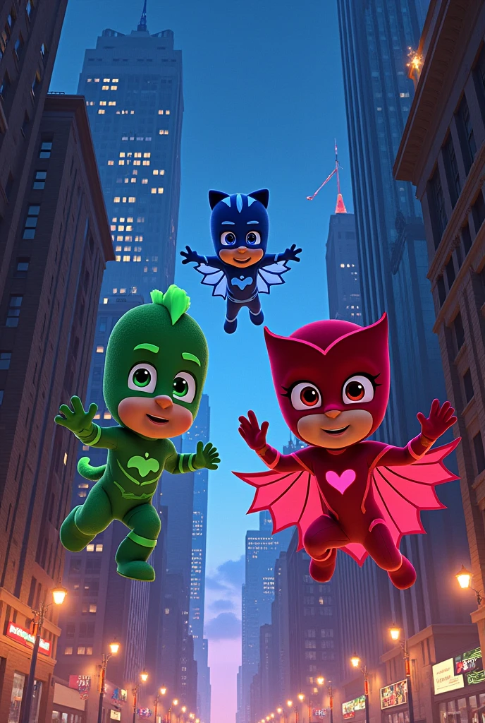 pj masks in the city with buildings lit up at night