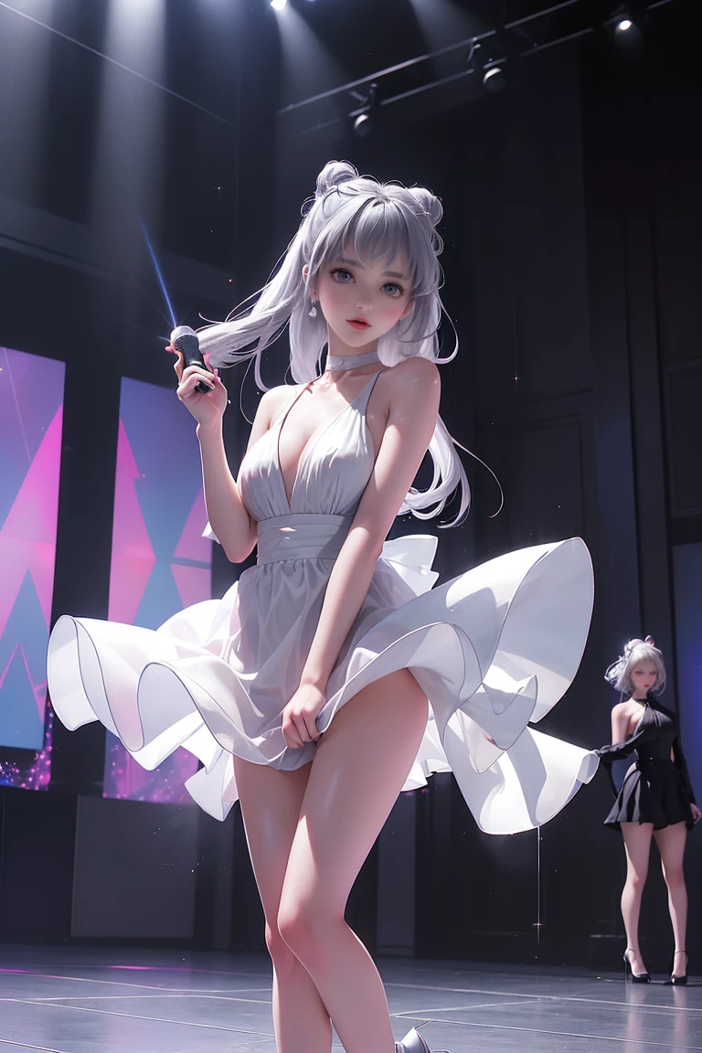 ((A trio of girls standing on the stage in the main hall))、(Rear view)、(look back),蛍光color、((3People Girls)),Look to the side、Beautiful Face、Beautiful Eyes、(Big Blue Eyes)、(Silver dull hair)、Shiny Hair、Glowing Skin、Reduce glare、Finger Proportion Adjustment、Escrow、Bat View、(Dancing()、Dynamic Angle、(Master Parts)、(Highest quality)、(Ultra detail)、(An Illustration)、(Detailed light)、(Very delicate and beautiful)、Dramatic Shadows、Ray Tracing、reflection、超高画質 High resolution、(Master Parts)、(Highest quality)、(Ultra HD)。High resolution、((Colorful hair and mesh))、Her hair flutters in the wind、(大きな深い青colorの目)、Silver Hair、haired woman、Sparkling Butterfly、Sparkling Butterfly、黒haired woman、Points of light around the woman、Magical Aura、緑colorの点、The nature of the aura、Magical Aura黒haired woman、((Translucent white one-shoulder dress:1. 3)、(Sleeveless)、(The skirt flutters in the wind)、(Searchlight)((color々Laser beam))、(I can see her white panties)(Full Body Shot)、(Lower body slim),(Long legs)、(High heels)、holding a microphone in one hand、