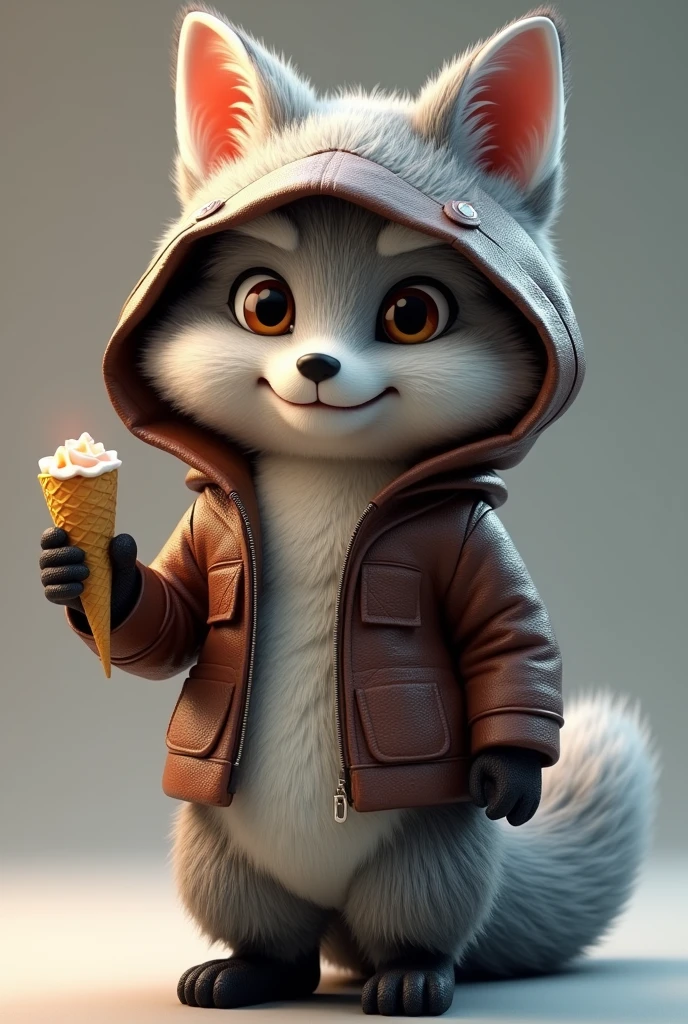 

"Imagine a realistic 3D fox, wearing a leather jacket and a hood over its head. Its fur should be gray and white. In its hand, it will be holding an empty ice cream cone. The image should have realistic lighting and shadows, with strong colors in a realistic style, and detailed objects and features on the fox. The perspective should be realistic, with the fox perfectly holding the empty ice cream cone."