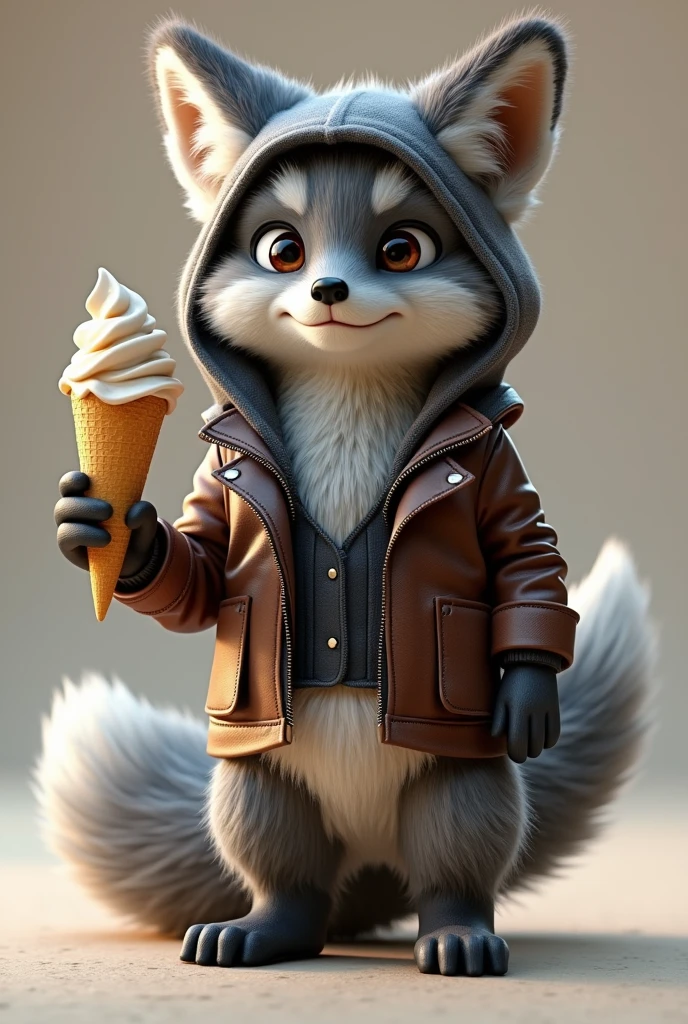"Imagine a realistic 3D fox, wearing a leather jacket and a hood over its head. Its fur should be gray and white. In its hand, it will be holding an empty ice cream cone. The image should have realistic lighting and shadows, with strong colors in a realistic style, and detailed objects and features on the fox. The perspective should be realistic, with the fox perfectly holding the empty ice cream cone."