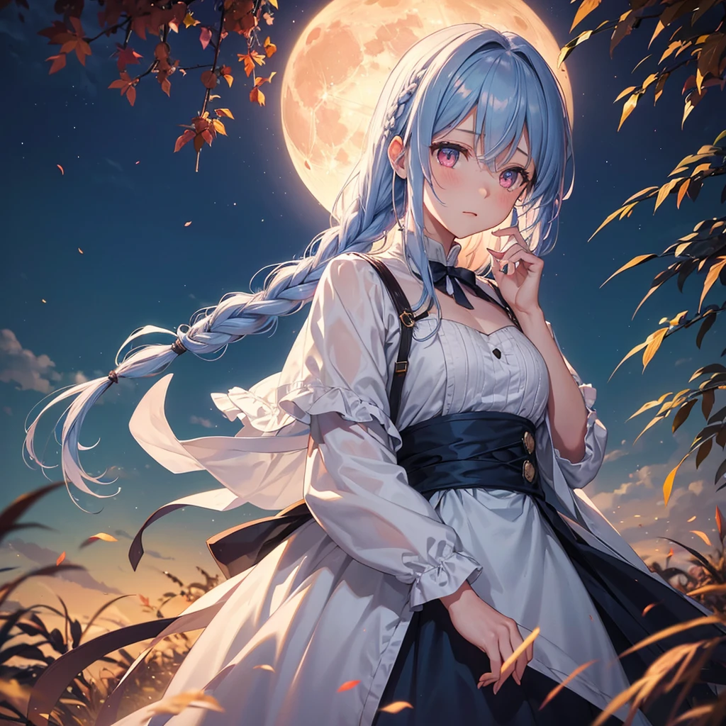 (このBraiding hair),(Sky blue medium hair), (Pink eyes),(Fair skin) ,(whole body),(One Girl),(harvest moon),(A large amount of Miscanthus sinensis in the background),autumn,(full moon),(masterpiece, Highest quality, Very detailed, Best Shadow), (Detailed Background), (Beautifully detailed face), High Contrast, (Best lighting, Very delicate and beautiful), ((Cinematic Light)), Hyper Detail,8k, Dramatic Light, Intricate details,Autumn leaf viewing,