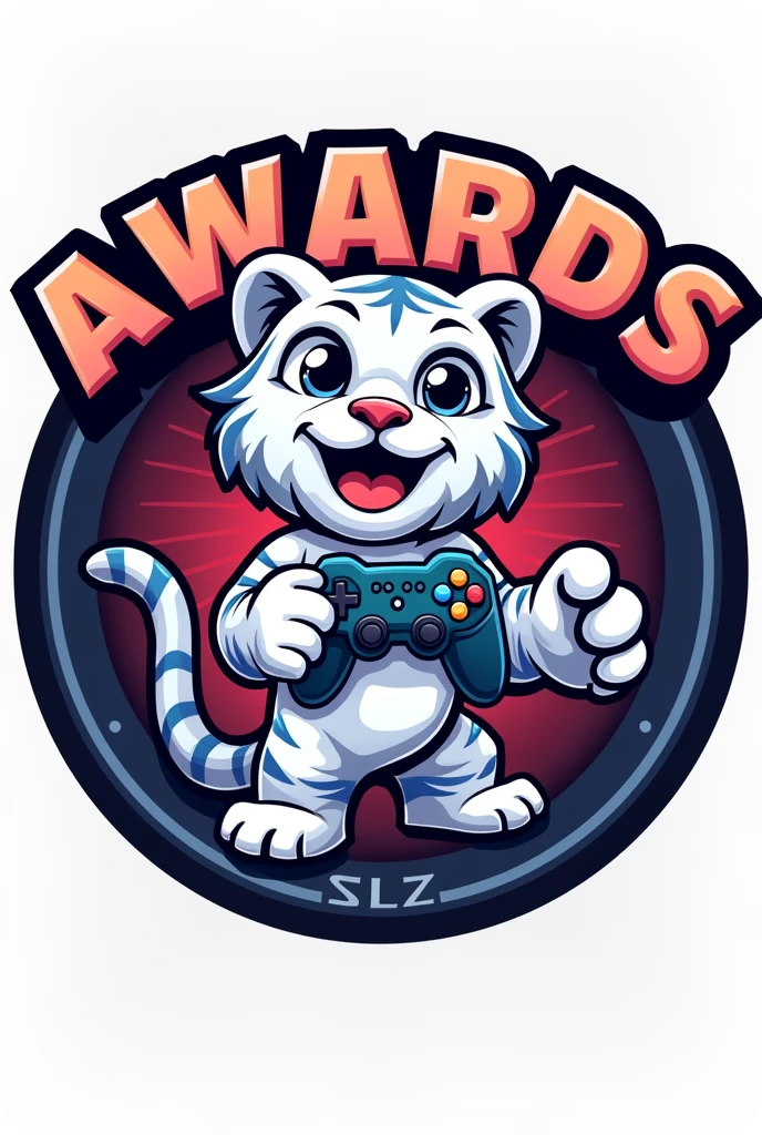 Create a logo design inspired by the first image. O logotipo circular deve apresentar o texto ‘Awards’ na parte superior e ‘SLZ’ na parte inferior. A white tiger mascot, standing, must be against the text, holding a console controller and smiling. The tiger must be an adult, friendly and engaging. The style should be similar to the character in the first image, with vibrant colors and a dynamic and fun look. Coloque a frase Awards, Awards
