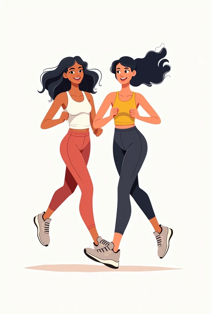 cute drawing with white background of two black haired women running in gym clothes