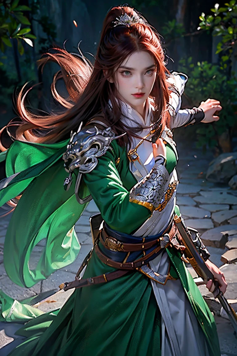 a man with long dark reddish brown hair and green eyes and a feminine face wearing Chinese armor over traditional Tang dynasty clothing, emerald and silver tones, bringing power and peace to the image, (best quality, 4k, 8k, high resolution, art - prime: 1.2), ultra detailed, (realistic, photorealistic, photorealistic: 1.37), extremely detailed eyes and face, long eyelashes, intricate armor details, traditional Chinese robes, flowing hair, emerald and silver color palette, expression powerful and serene, dramatic lighting, cinematic composition, award-winning digital art