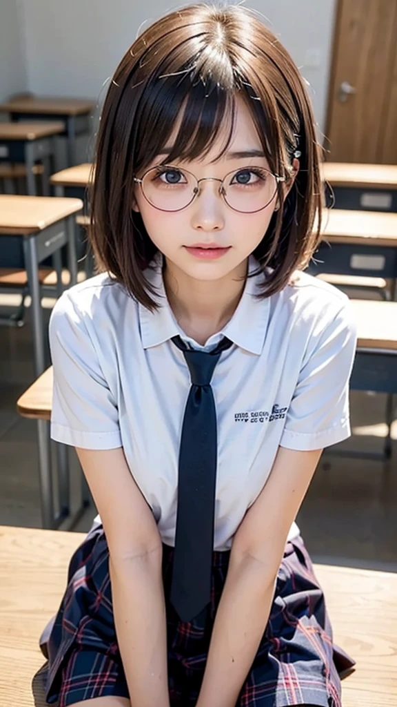 (masterpiece, Best Quality:1.2), 8K, 1 girl, 1 Japanese girl, 85 mm, Official art, Raw photo, Pretty Face, close up, face focus, cute Girl, Cinch waist, beauty thighs, soaking wet, sweat, medium breasts, student uniform, serafuku, white shirt, short sleeves, sailor collar, ribbon tie, blue checkered skirt, large round glasses, standing, in a classroom, Looking at Viewer, No makeup, (aroused, embarrassed, blush :1.2), Film grain, chromatic abberation, Sharp Focus, face lights, clear lighting, Teen, Detailed face, Bokeh background