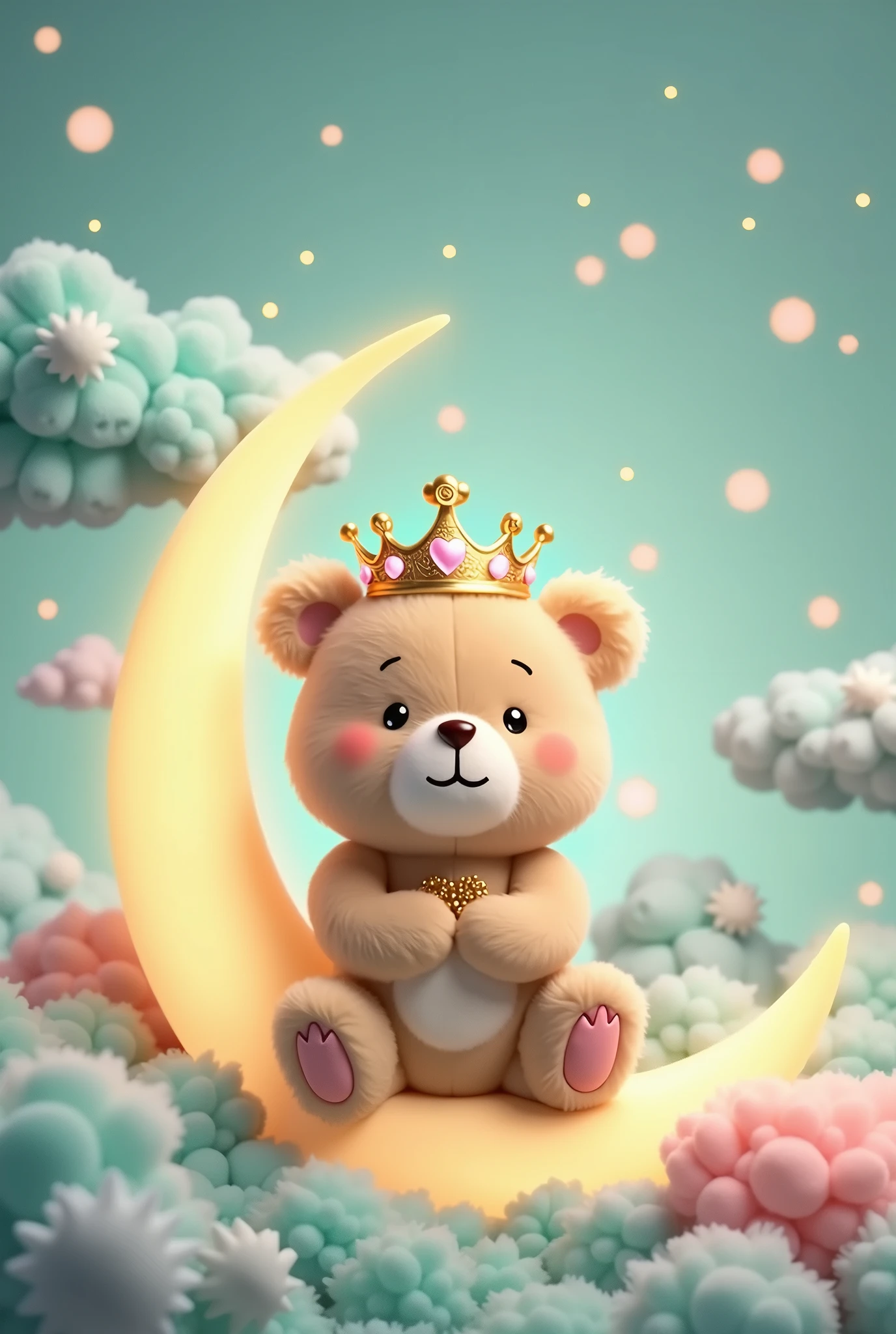 What a lovely idea for an invitation!! I recommend that you visualize a sweet and adorable light brown bear sitting on a half moon., with a beautiful crown adorned with animated details. The moon can have a soft glow that highlights its sweetness and, Around her, Turquoise and pink fluffy clouds that add a magical touch. In 9 format:16 for a video