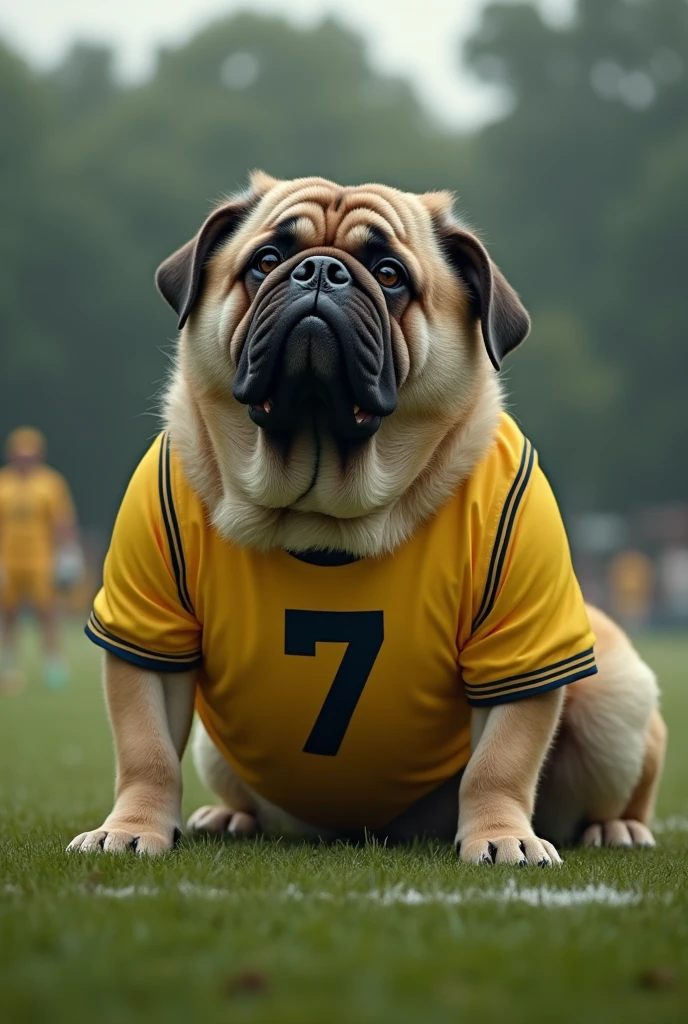 A Big Dog crying wearing yellow jersey with number 7 and playing cricket