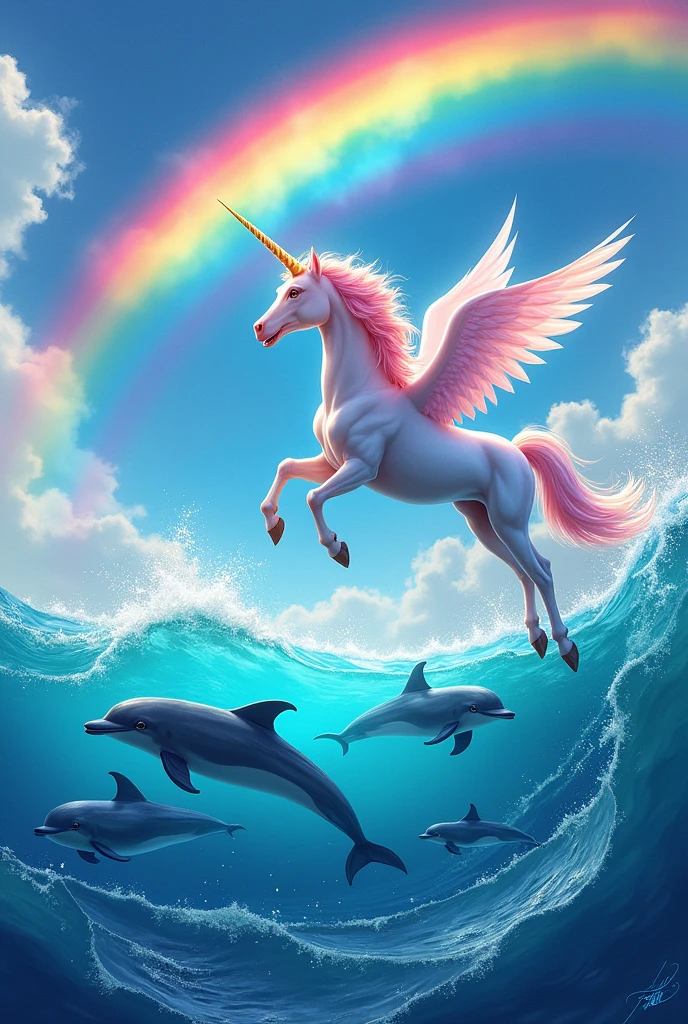 Create a colorful landscape with dolphins and a unicorn with wings flying in the sea and a beautiful rainbow