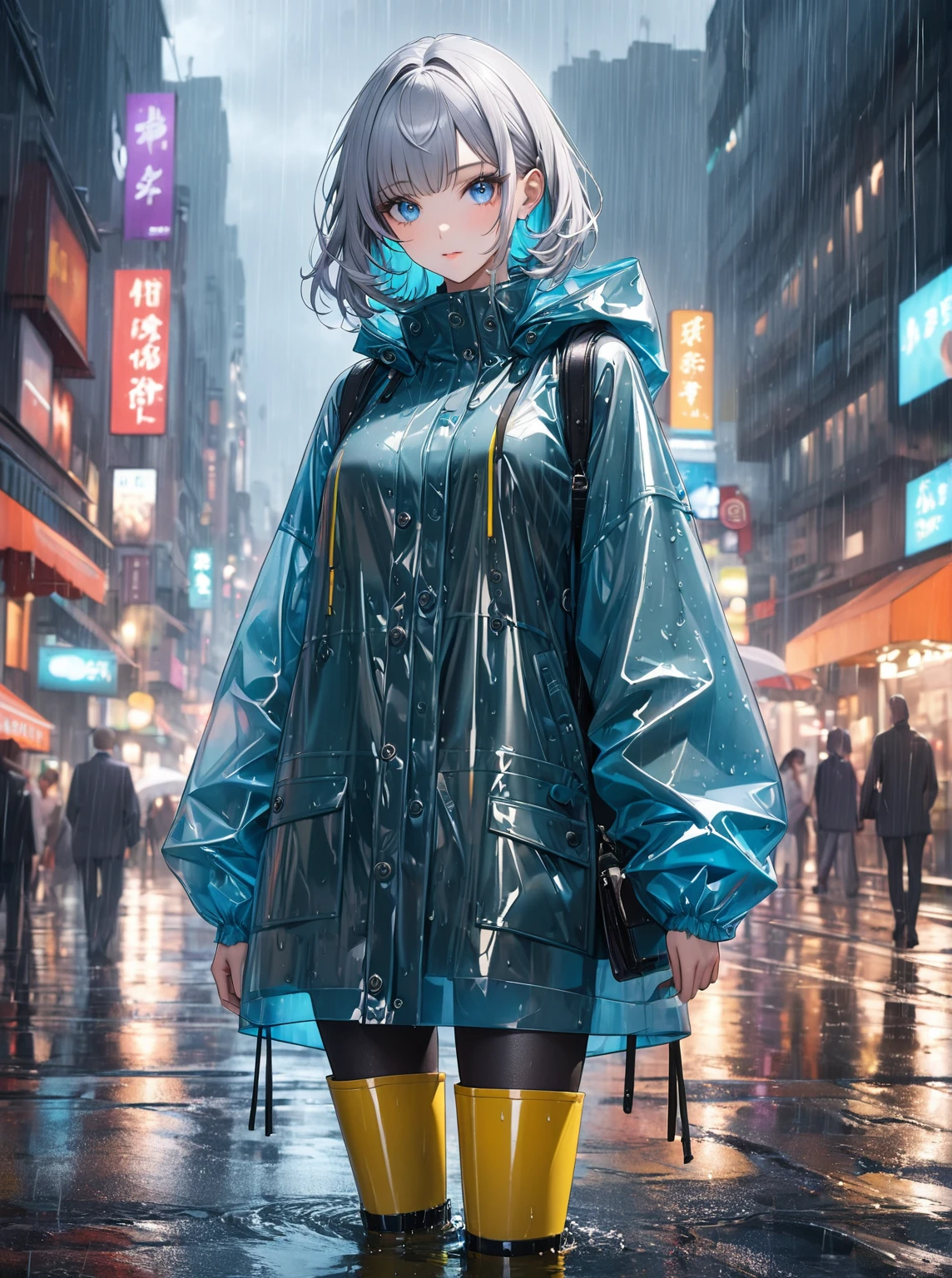 Ultra high resolution, rich colors, perfect image, top quality, detailed image, beautiful woman, glowing skin, skin and clothing texture, delicate eyes, rainy city, raincoat, rain boots, casual suit, silver bob hair, blue eyes