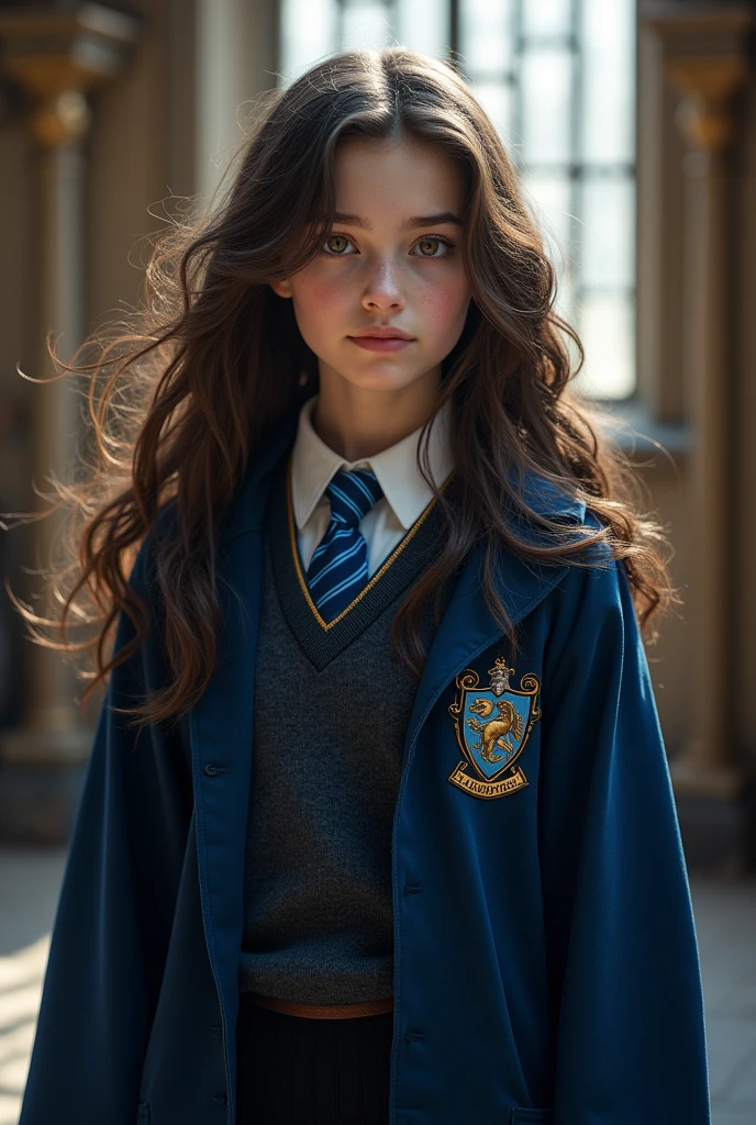 Hogwarts Ravenclaw girl, brown hair, brown eyes, some blue in hair as well
