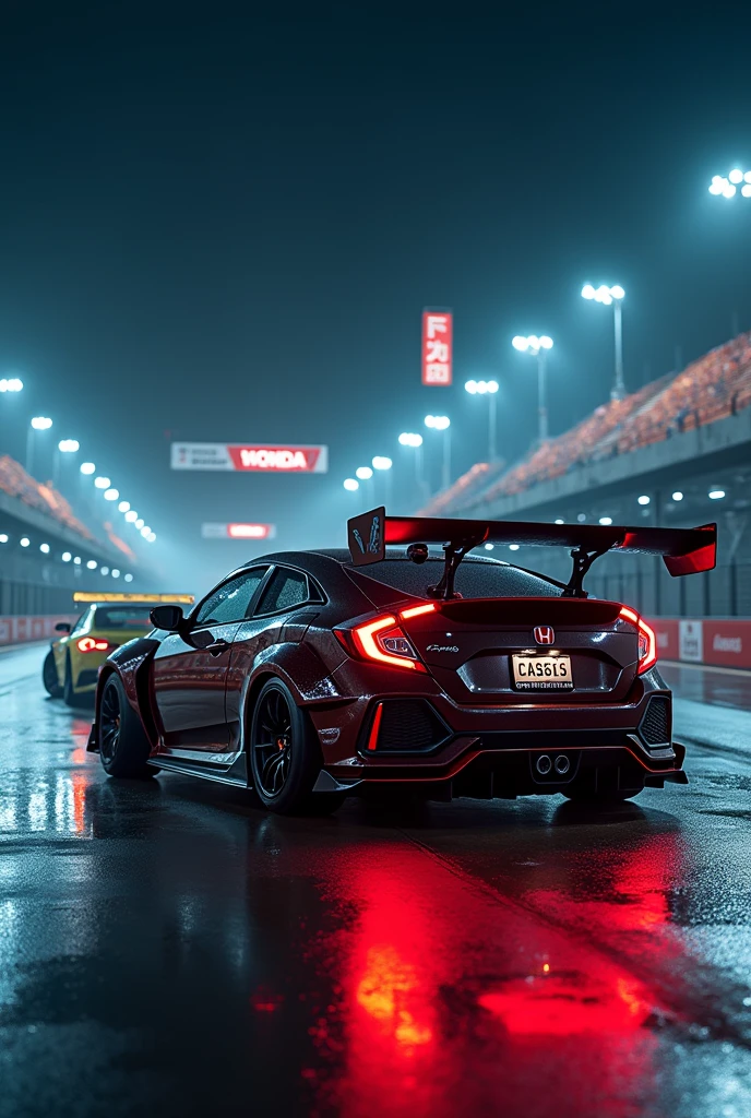 Honda civic modified with body kit in racing track at night