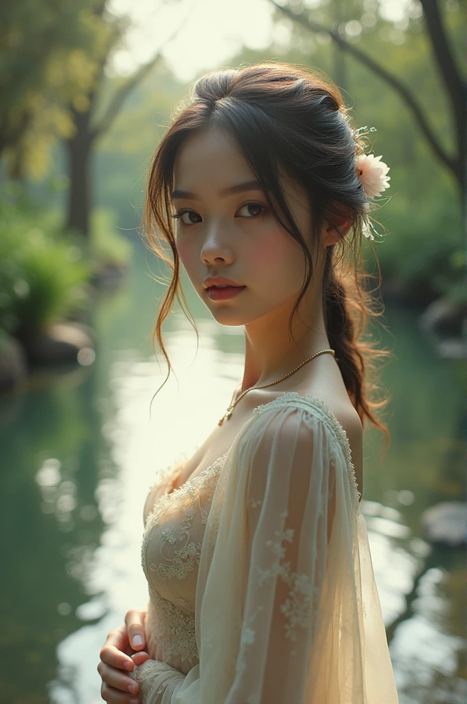 Photo of a beautiful girl like a doll next to the river