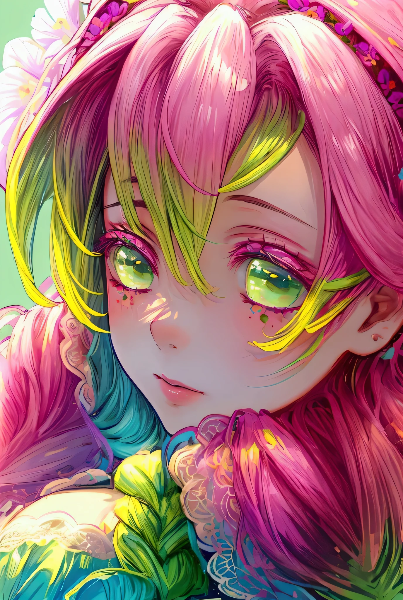 Convert your flower art into illustration.、Create backgrounds with vibrant colors and unique touches The type of flower is statice、Gypsophila、sweet pea、Mix in some lace flowers, portrait, face portrait, big breasts, cleavage, pink hair, green eyes, (green highlights), green braids,