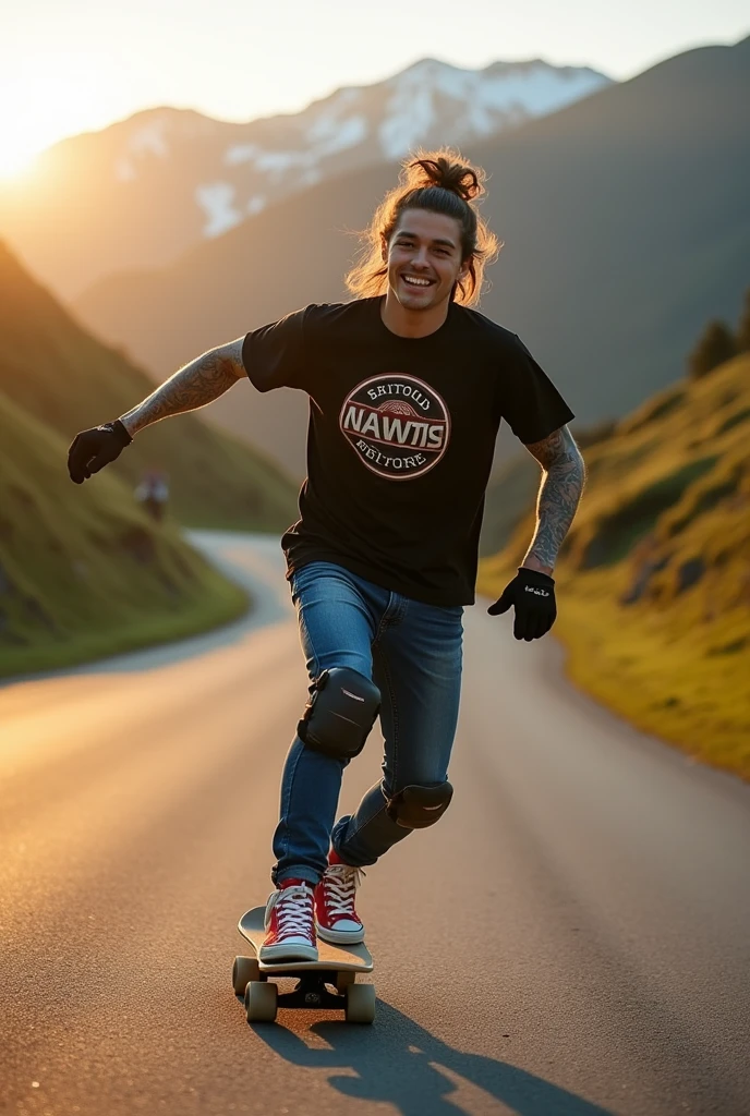 An adrenaline-filled shot of a Korean youn man with man bun hair covered in tattoos on his arms, confidently riding a skateboard down a winding mountain road, framed by the golden light of the setting sun. He is wearing a black t-shirt with a vintage VAN logo on his chest and a bag on his back, and denims jeans and use red converse shoes. The man dimple smiles at the camera, his hands protected by black gloves, adding a personal touch to the thrilling scene. He also wears knee and elbow pads, ensuring safety as he navigates the turns with ease. The background features rolling green hills and snow-capped mountains in the distance, creating a stunning contrast to the rider’s dynamic movements, amplifying the excitement. In the distance. The image exudes the thrill of downhill skateboarding, the beauty of the natural scenery, and the fearless energy of the rider, with an Instagram-worthy atmosphere.