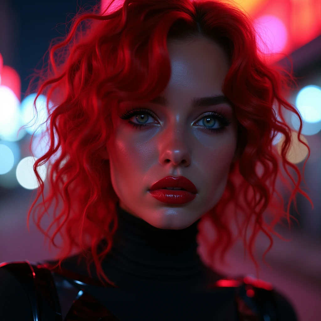 Губы, полные сахара ((Very beautiful girl)), 8k, Young beautiful girl, ((Red curly hair)), red long hair, complex makeup, ((plump lips)), ((big expressive black eyes)), a perfectly beautiful girl, in a cyber suit, Background: neon, night, city, many details, first person, close-up,