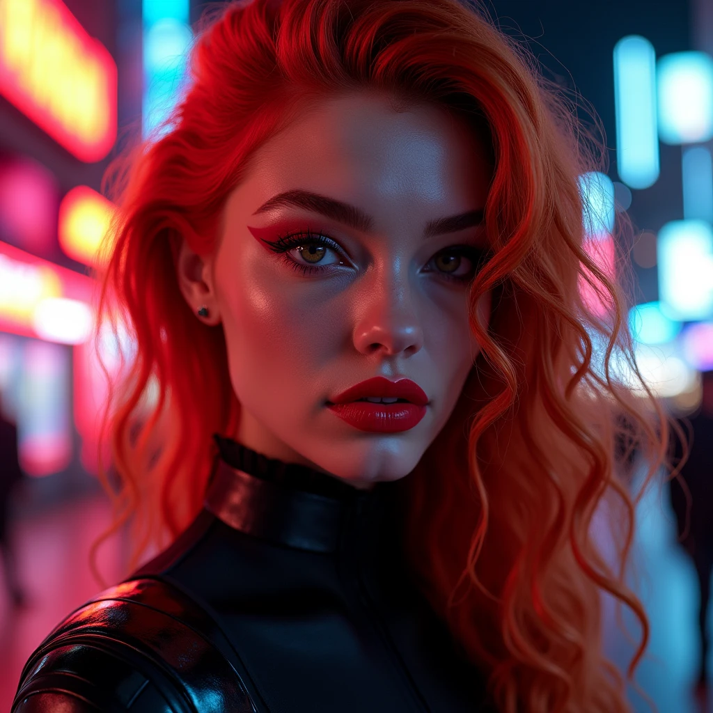 Губы, полные сахара ((Very beautiful girl)), 8k, Young beautiful girl, ((Red curly hair)), red long hair, complex makeup, ((plump lips)), ((big expressive black eyes)), a perfectly beautiful girl, in a cyber suit, Background: neon, night, city, many details, first person, close-up,