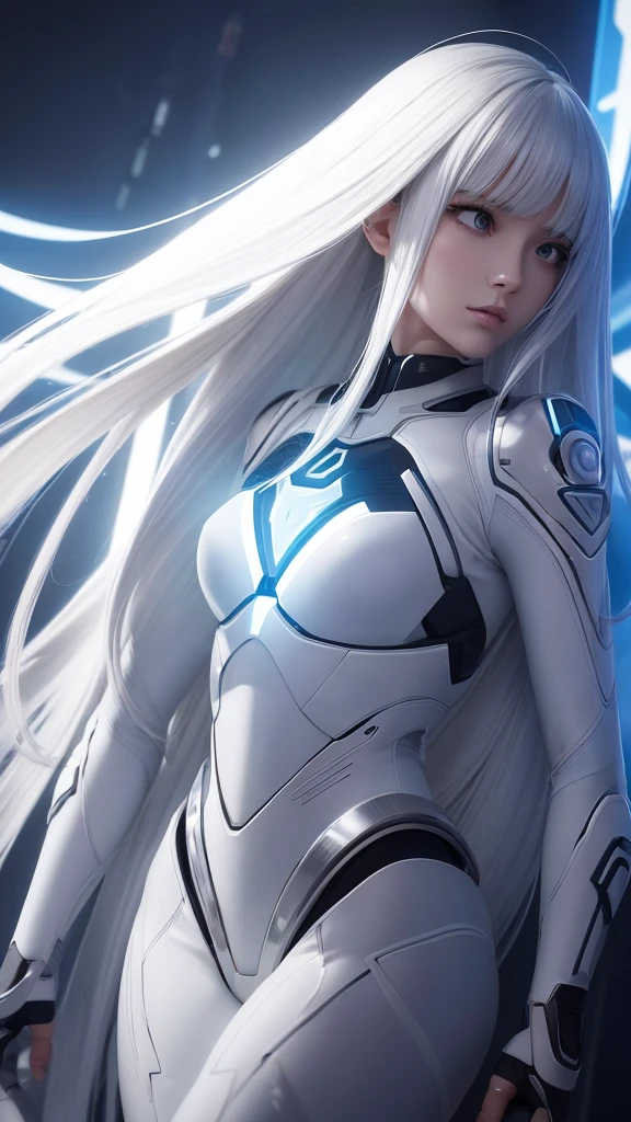 1 girl, android Kara, fully body, almost human appearance, smooth, pale metallic skin, futuristic fitted suit with illuminated LED panels and sophisticated technological details. Long flowing hair in a modern and elegant style. Contemplative pose touching the face. Futuristic environment with subtle technological elements. (semi-realistic, stylised, ultra-detailed detail, bright coloured, studio lighting, sharp focus, conceptual artwork).