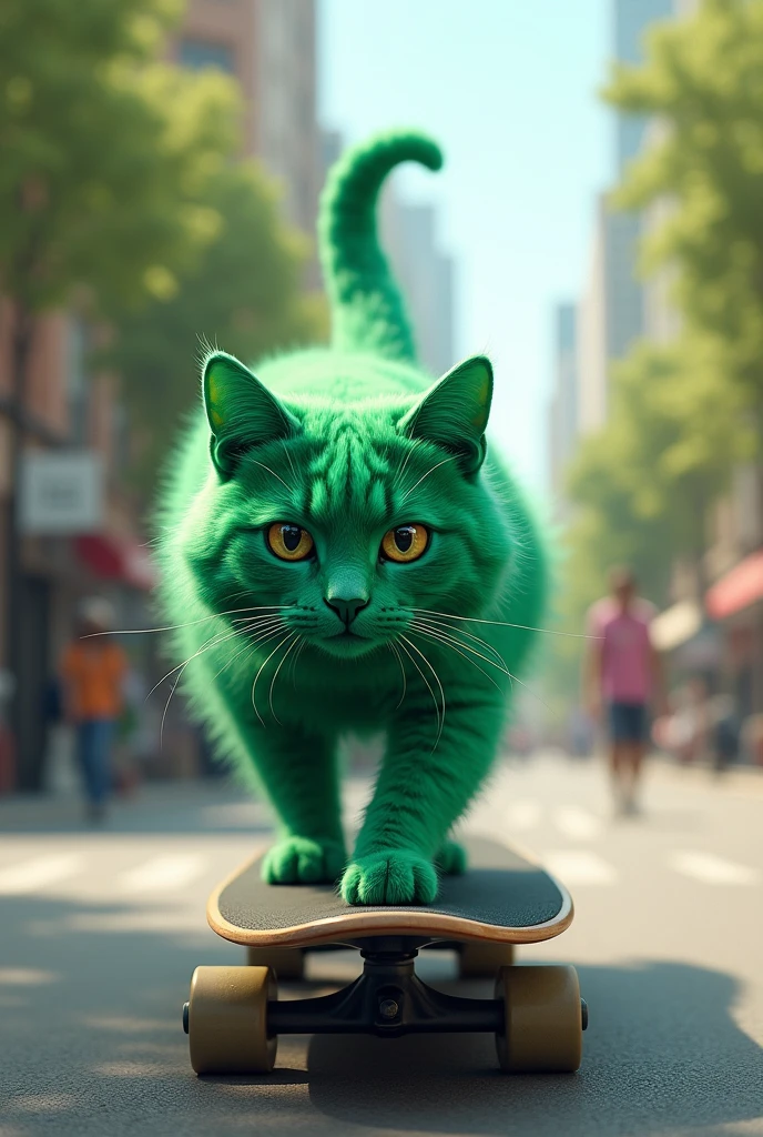 Green cat on skateboard