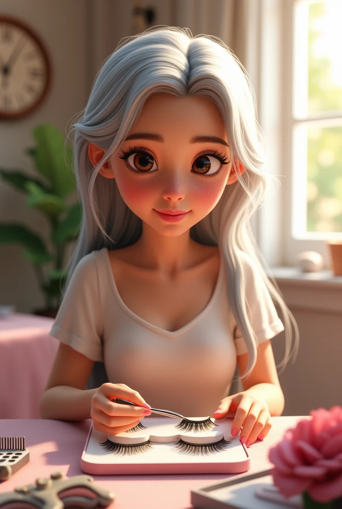 Pixar young woman long silver hair brown eyes holding thin tweezers and holding a box of eyelashes the setting is a beauty salon