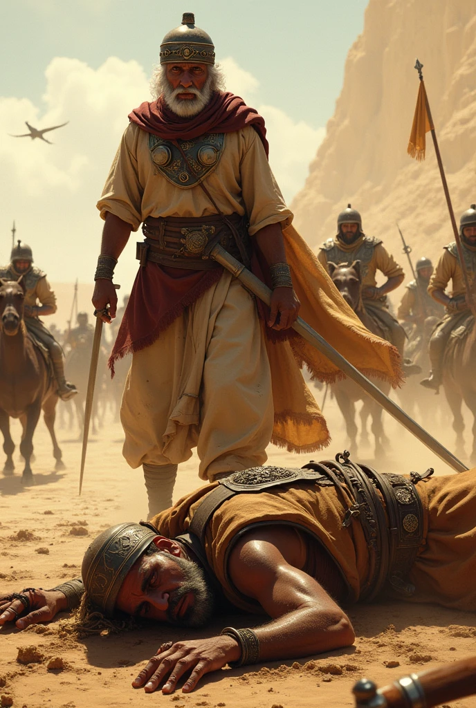 Prompt 3: "Create an image of Abu Jahal, an older man with a determined and angry expression, in the midst of a fierce desert battle. He wears traditional Arab warrior attire with a helmet and sword, surrounded by fallen warriors and chaos."Prompt 4: "Show the moment when Abu Jahal is gravely wounded, lying on the sandy battlefield. His expression reflects pain and defiance, with scattered weapons and warriors battling in the distance under the harsh desert sun."