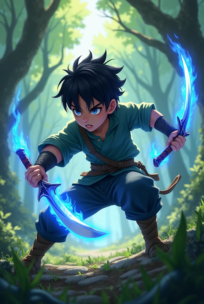 A boy with black hair and bright blue eyes, holding two different small daggers, with blue flames on their blades, he is in a dynamic pose as if he is in combat in a forest.