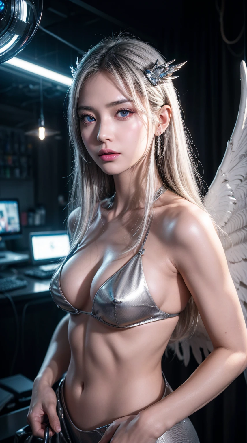 top-quality、masterpiece、超A high resolution、(Photorealsitic:1.4)、Raw photo、Cyborg Angel、large wings made of metal、White porcelain body、white hair、glowy skin、1 cyborg girl、((super realistic details))、portlate、globalillumination、Shadow、octan render、8K、ultrasharp、character edge light,Colossal 、Raw skin is exposed in cleavage、Details of complex ornaments、Hydraulic cylinder、highly intricate detail、Realistic light、a purple eye、radiant eyes、Facing the camera、neon details、cowboy shot、Futuristic headgear、Cyberpunk details、Small LED lamp、