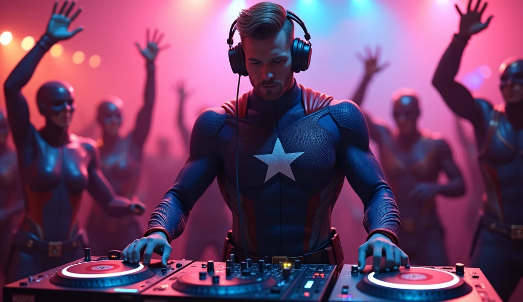A hyper-realistic 3D render of a powerful superhero DJ, inspired by American themes, standing behind a professional DJ setup with turntables, mixers, and high-end speakers. The DJ is wearing a modern suit with subtle red, white, and blue accents, and high-quality headphones. Surrounding him in the nightclub are other superheroes dancing, each dressed in their unique, distinct suits. The atmosphere is high-energy, with vibrant, colorful lights and a dynamic, lively crowd. The scene captures the energy and power of superheroes enjoying music and dancing together in a realistic and detailed style.