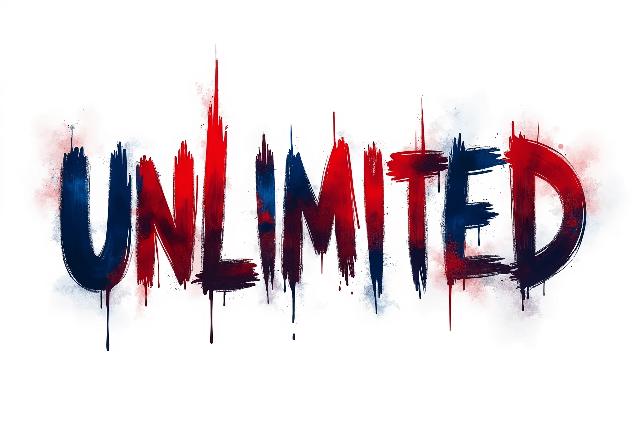 irregular red-blue inscription "unlimited", creative ,capital letters, a very irregular painting with a ragged brush, blurred edges from fingers, the colors blend into each other, irregularity, irregular edges, on a white background, the texture from the brush can be seen in the text