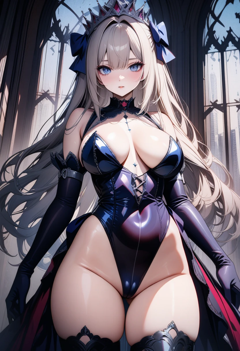 ((UHD)),((masterpiece)),((8k)),((solo)),1girl,Azur Lane,Fantasy art,((gothic  princess dress high leg leotard: 1.5)), (Beautiful skin with delicate details), thigh boots, elbow gloves, cameltoe,makeup,platinum blonde long hair,barrette,large breasts,Perfect and beautiful blue eyes,curvy,perfect face,accurate,high quality,extremely detailed,cowboy shot,anatomically correct,