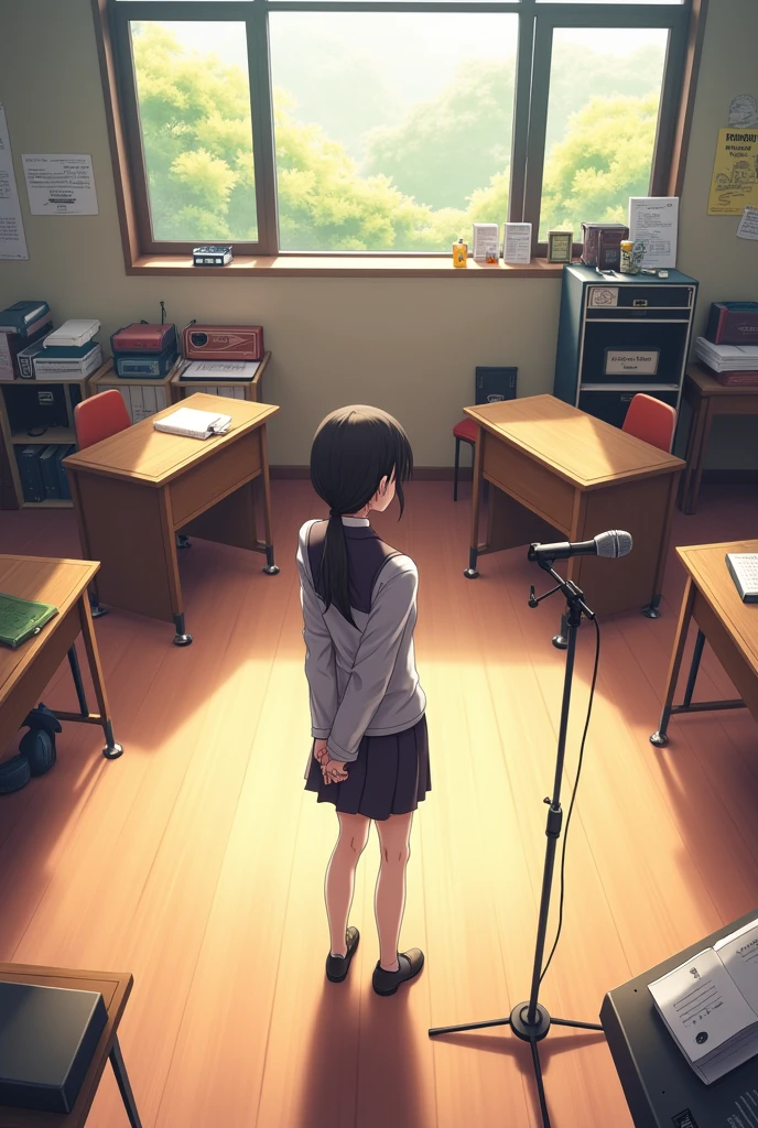 High angle view of music club classroom, showing Miyu standing in front of the microphone in the center of the room