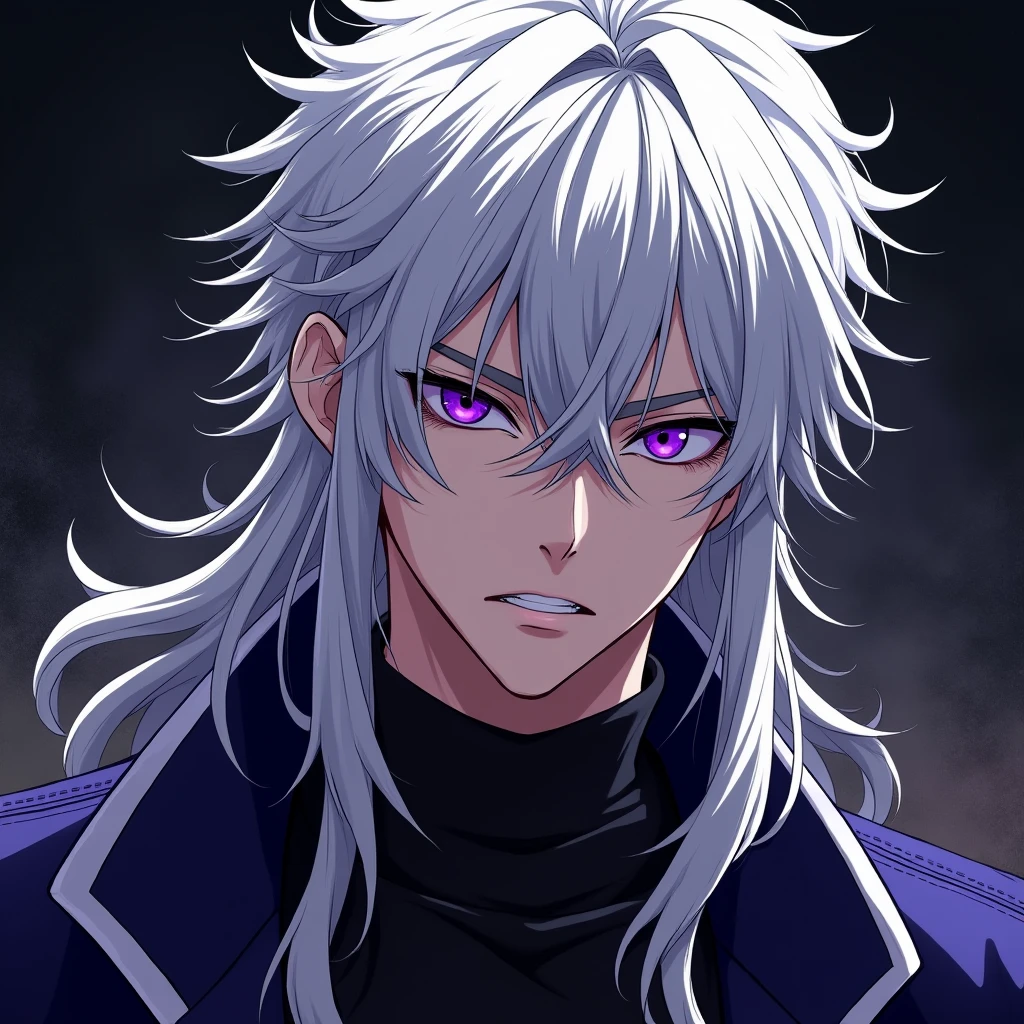 Male, anime, long hair, messy hair, white hair, hot, purple eyes, villain, side veiw