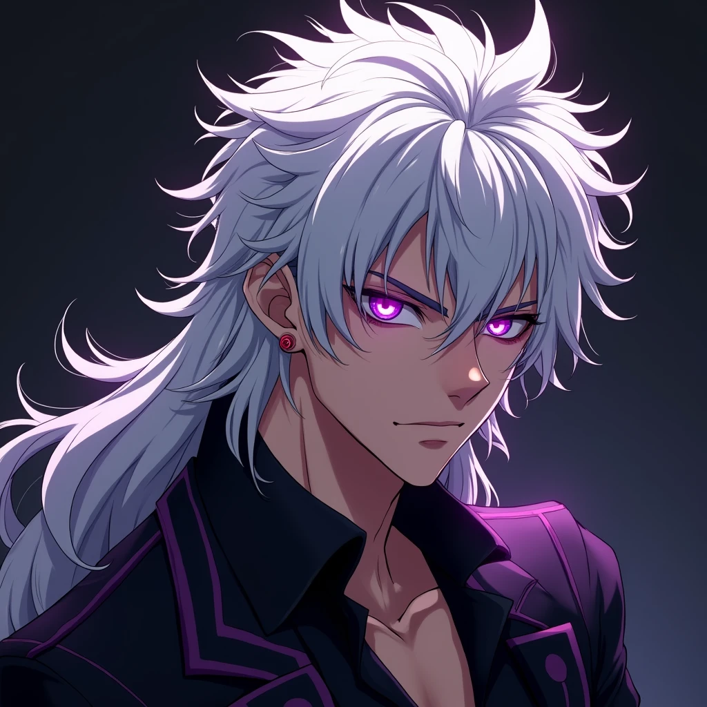 Male, anime, long hair, messy hair, white hair, hot, purple eyes, villain, side veiw