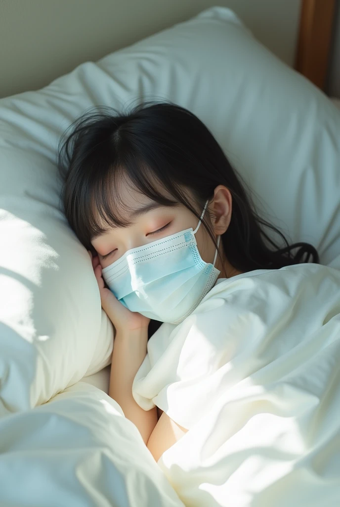 masterpiece, best quality, highres, photorealism, real life, cute girl wearing double surgical mask, sleeping in bed, bang hair, bright skin, Japanese