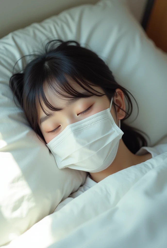 masterpiece, best quality, highres, photorealism, real life, cute girl wearing double surgical mask, sleeping in bed, bang hair, bright skin, Japanese