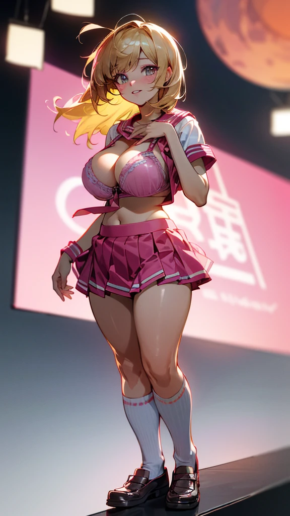 (UHD, retina, masterpiece, accurate, anatomically_correct, textured_skin, super_detail, high_details, high_quality, best_quality, high_res, 1080P, HD, 4K, 8k, 16k), (beautiful_detailed_eyes, beautiful_detailed_lips, extremely_detailed_eyes_and_face), soft_lighting, physically-based_rendering, vivid_colors, (huge_breasts:1.5), (shiny_hair, shiny_skin, tanned_skin, blush), (bangs:1.5), eye_reflection, (bokeh), smile_and_laugh, (pink_seifuku_bra, cropped_seifuku_bra:1.5), full_body_shot, (pink_seifuku), (pink_skirt, very_short_skirt), blonde_hair, midriff, wide_hips, thick_thighs, white_knee_socks,