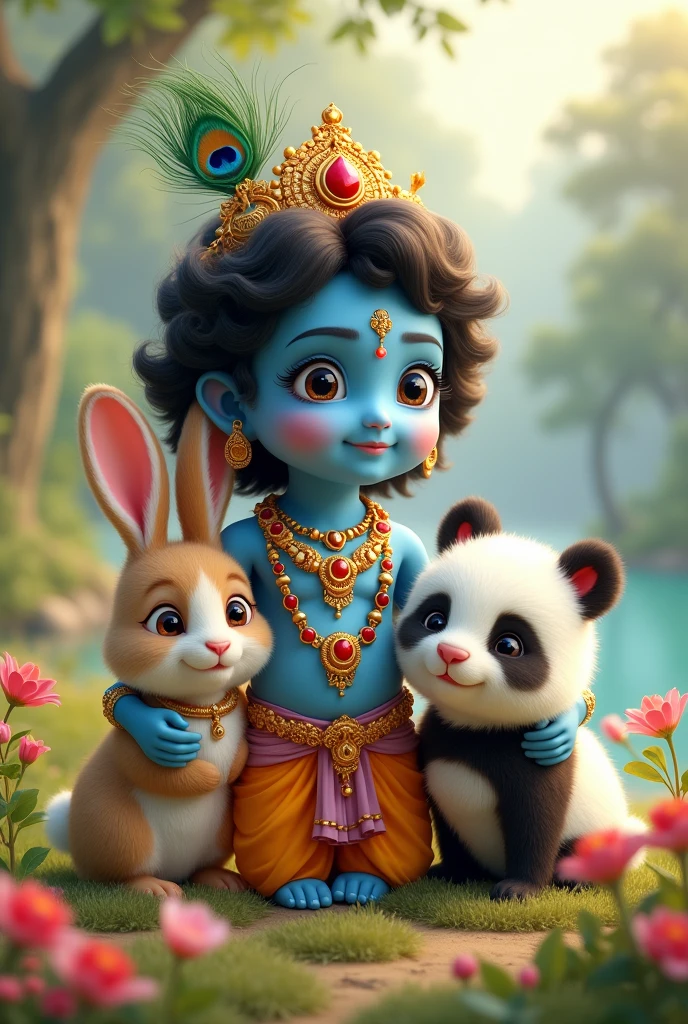 Krishna god and rabbit and cute panda group photo