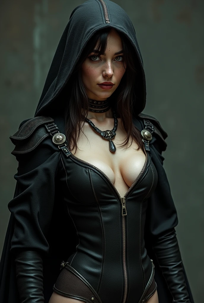 ((perfect anatomy:1.2,realistic:1.3,RAW Photography:1.3,masterpiece、highest quality、Ultra - High resolution、High resolution、Highly detailed CG、8K)), This artwork should be hyper-realistic, capturing every detail with stunning clarity, image of a Middle age brunette female plague doctor, Full body, very detailed armor, Medico Della Peste mask,The outfit should be alluring ,overly revealing, unzipped:1.2, ((costume is unzipped )), narrow waist, wide hips ((bare chest)), slender body, thigh gap, skinny, (oily skin,gleaming skin,pale skin,sweat:1.2),