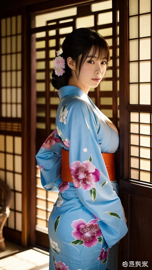Japanese woman in kimono with big breasts in the background is the window of an old inn room
