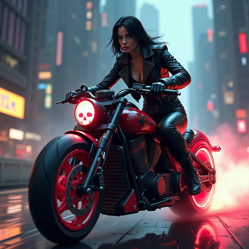 arafed woman in leather jacket riding a motorcycle with a skull on the back, badass composition, riding a futuristic motorcycle, motorcycle concept art, riding a motorcycle, biker, ghost rider, speeding on motorcycle, reminded me of the grim reaper, reaper, motorbiker, sitting on a motorcycle, picture of a male biker, riding in the town of doom, the grim reaper
