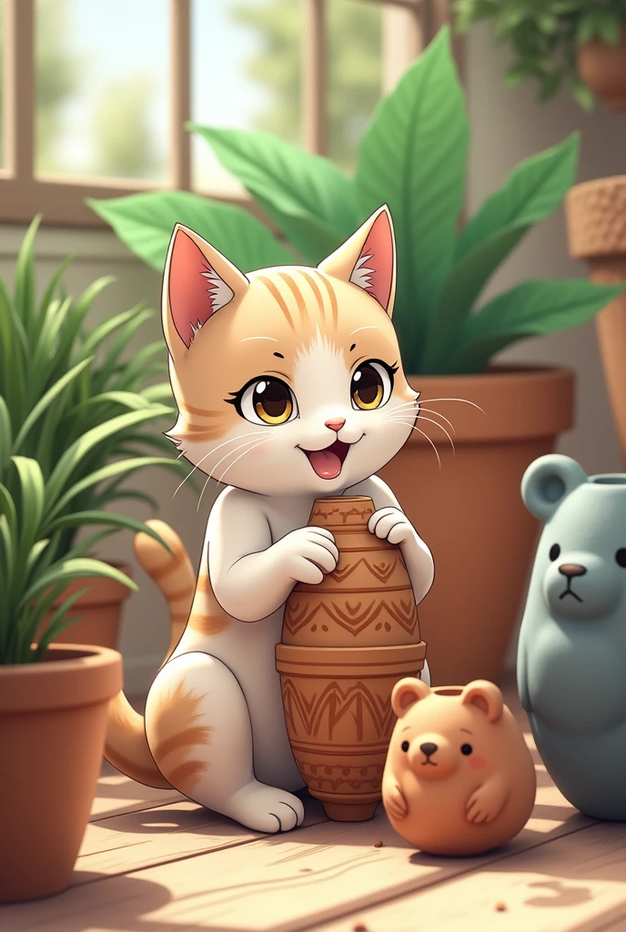A cat that is among flower pots and that looks just like him and that is molding the flower pot in anime style. The flower pots have to be striking figures of elephant bears.