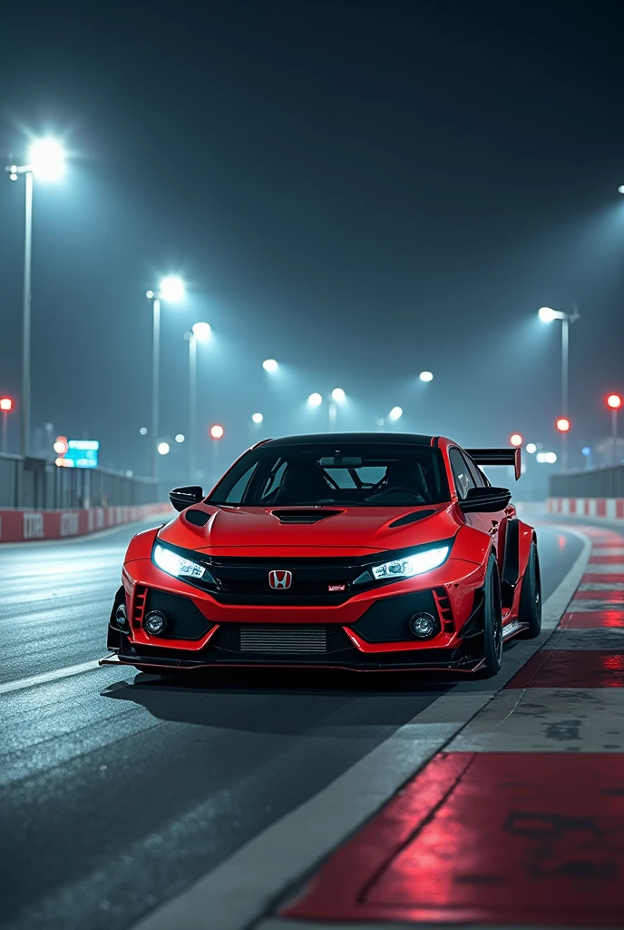 Honda civic modified with body kit in racing track at night front side