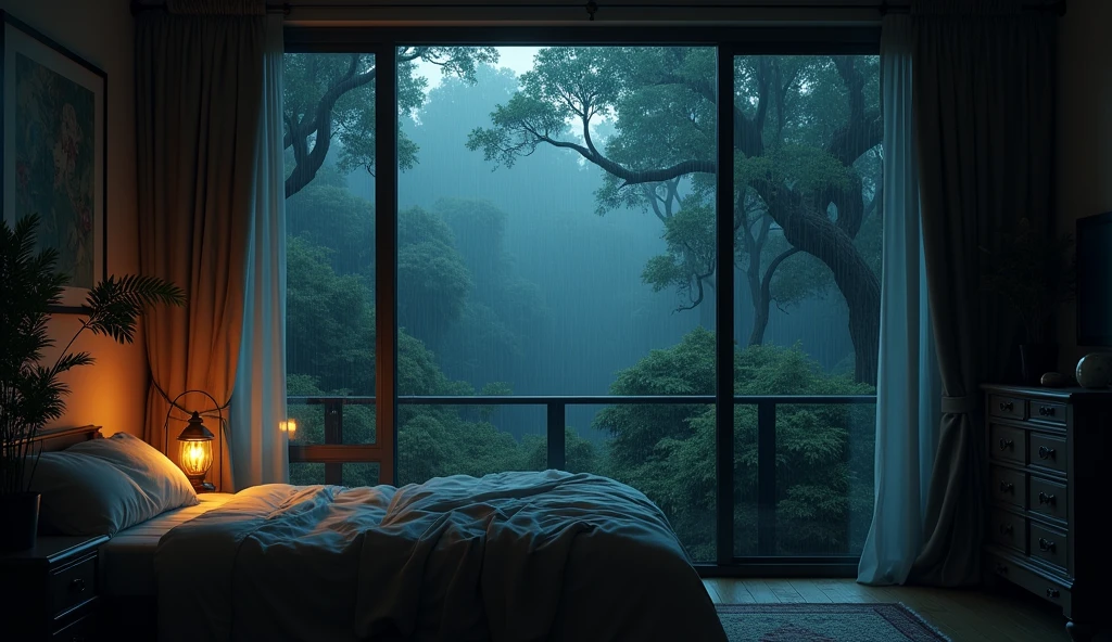 Bedroom view with one lantern light in the room, large window facing the forest, quiet night. original image, rainy day. original rendering, rainy night, gloomy cinematic lighting, atmosphere. digital painting, gloomy cartoon scene, dramatic lighting. cinematic, cinematic, concept art, atmospheric shot, gloomy weather. hyperrealistic rendering, atmospheric, rainy night, large forest, cinematic, 4k, ultra hd, atmospheric and gritty details, beautiful and cinematic lighting, rainforest