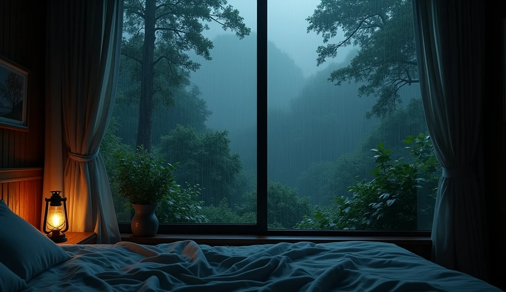 Bedroom view with one lantern light in the room, large window facing the forest, quiet night. original image, rainy day. original rendering, rainy night, gloomy cinematic lighting, atmosphere. digital painting, gloomy cartoon scene, dramatic lighting. cinematic, cinematic, concept art, atmospheric shot, gloomy weather. hyperrealistic rendering, atmospheric, rainy night, large forest, cinematic, 4k, ultra hd, atmospheric and gritty details, beautiful and cinematic lighting, rainforest