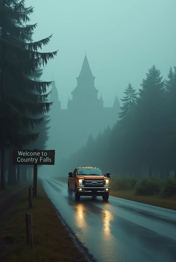 A photo of a wet, rainy road with a large wooden sign that says 'Welcome to Country Falls'. The road leads towards a distant, fog-covered town. An orange Ford F250 truck is driving towards the city. The atmosphere is mysterious with heavy fog and rain, creating a shadowy and eerie mood. The city name, 'Cidade das Sombras', appears at the top of the image, enhancing the sense of mystery.