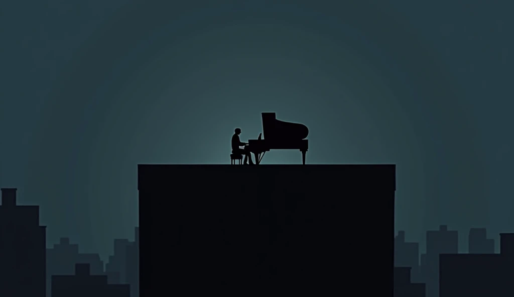 A man playing a grand piano on the rooftop of a square building on a very dark evening. The man's figure is expressed in shadow, emphasizing a very simple composition.